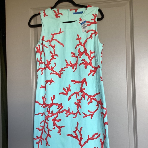 J. McLaughlin M NWT Aqua/Coral Sleeveless Sophia Dress Sheath Resort Midi Dress - Picture 1 of 6